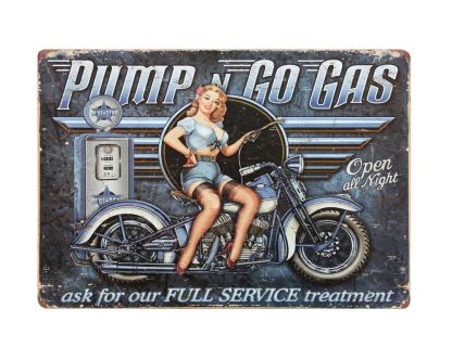 Pump Go Gas pin-up girl motorcycle tin metal sign 0010a Gas Oil Automotive advertising wall art