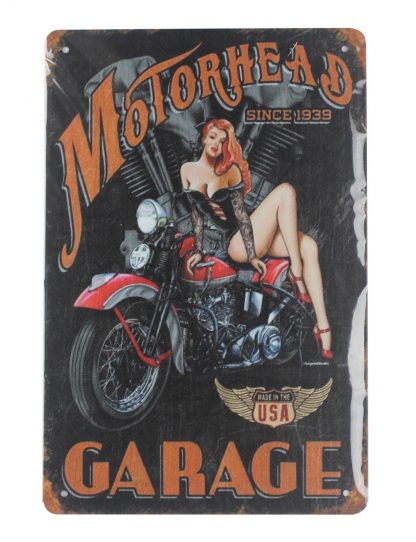 motorcycle pin-up girl motorhead garage tin metal sign 0012a Gas Oil Automotive classic reproductions