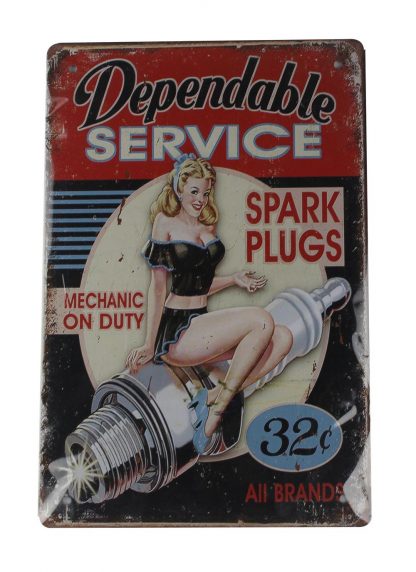 pin-up girl dependable service spark plugs tin metal sign 0107a Metal Sign dependable