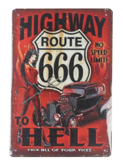 highway route 666 to hell no speed limit metal sign 0108a Gas Oil Automotive dorm room wall art decor