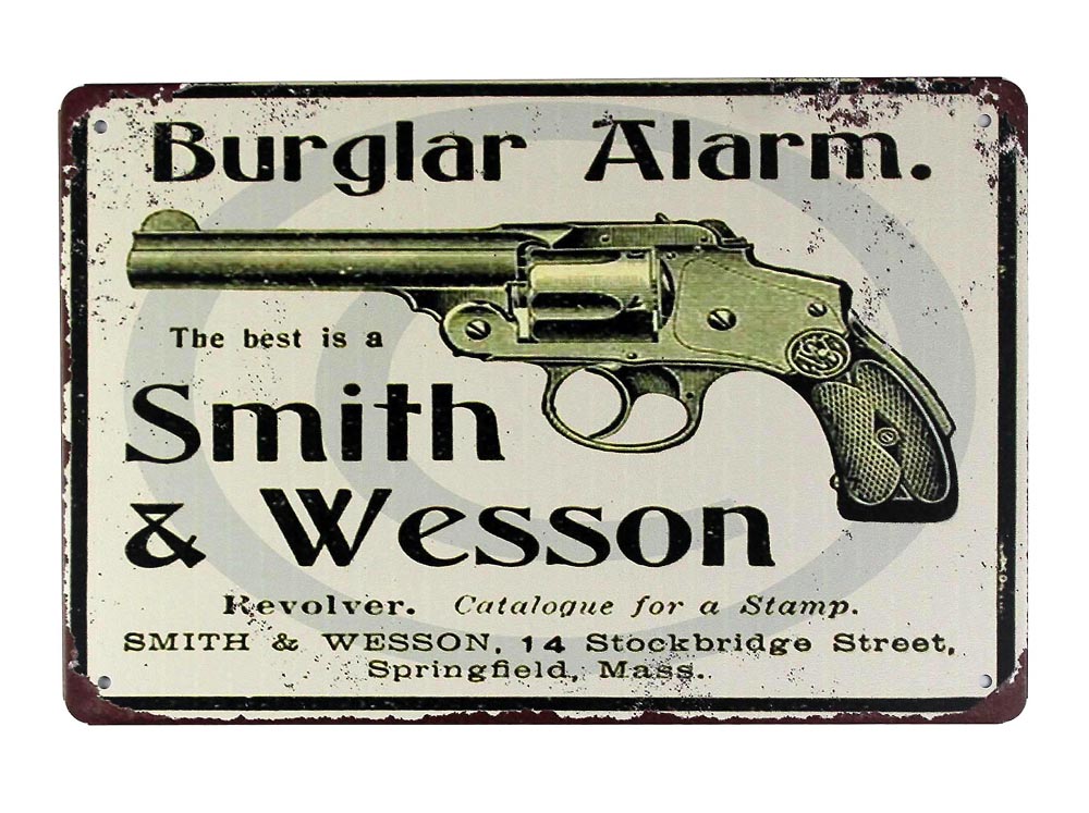 Burglar Alarm Smith Wesson Pistol handgun tin metal sign 0354a