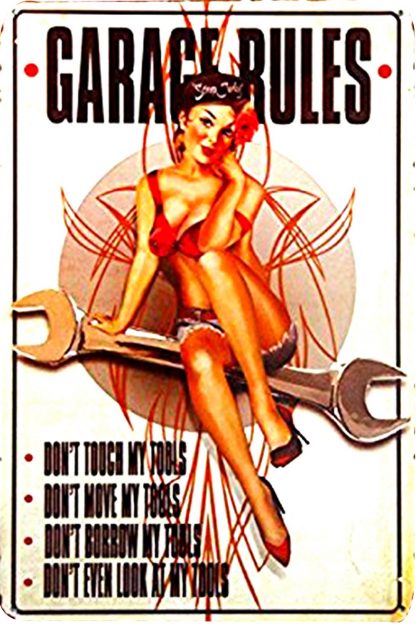 garage rules wrench pin-up girl tin metal sign 0382a Metal Sign cheap unframed prints