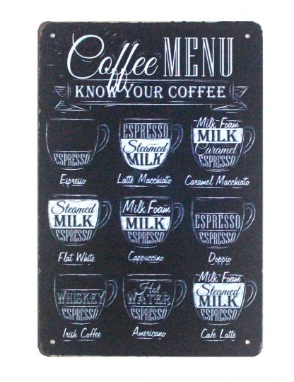 Coffee menu know your coffee tin metal sign 0888a Metal Sign artwork prints