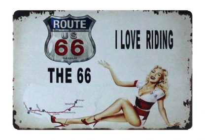 Route 66 I Love Riding pin-up tin metal sign 1029a Gas Oil Automotive home bar wall decor