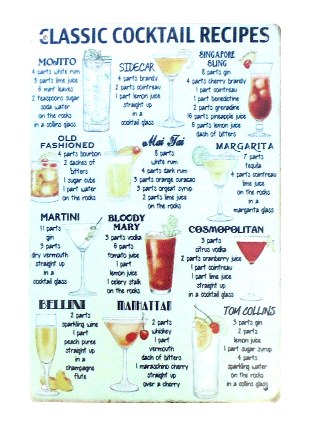 Classic Cocktail Recipes Booze Bar Shop metal sign 1047a Metal tin signs